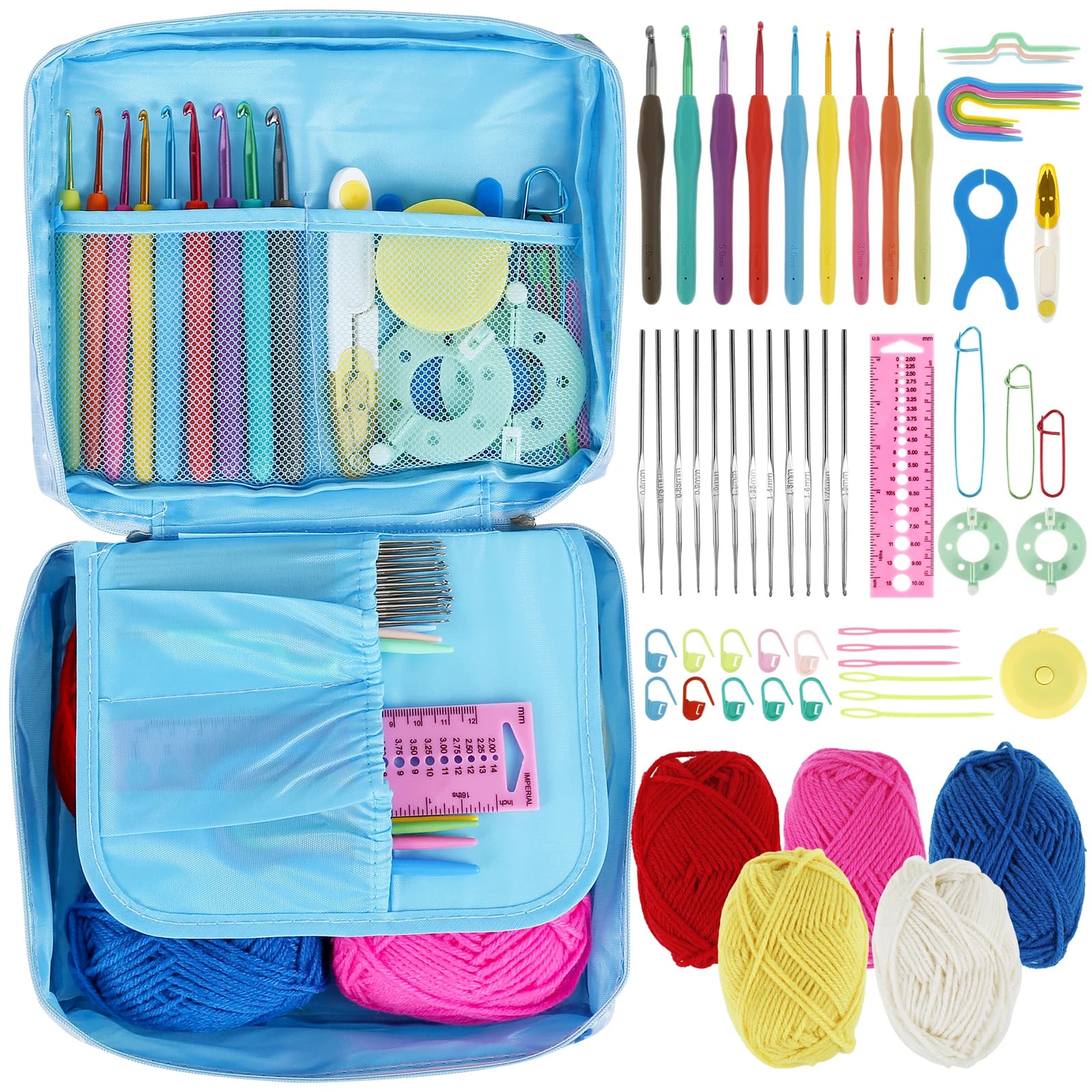 Set Portatile da 59 Pezzi per Uncinetto e Lavoro a Maglia, Kit per Principianti con Borsa Portaoggetti e Materiale per Uncinetto
