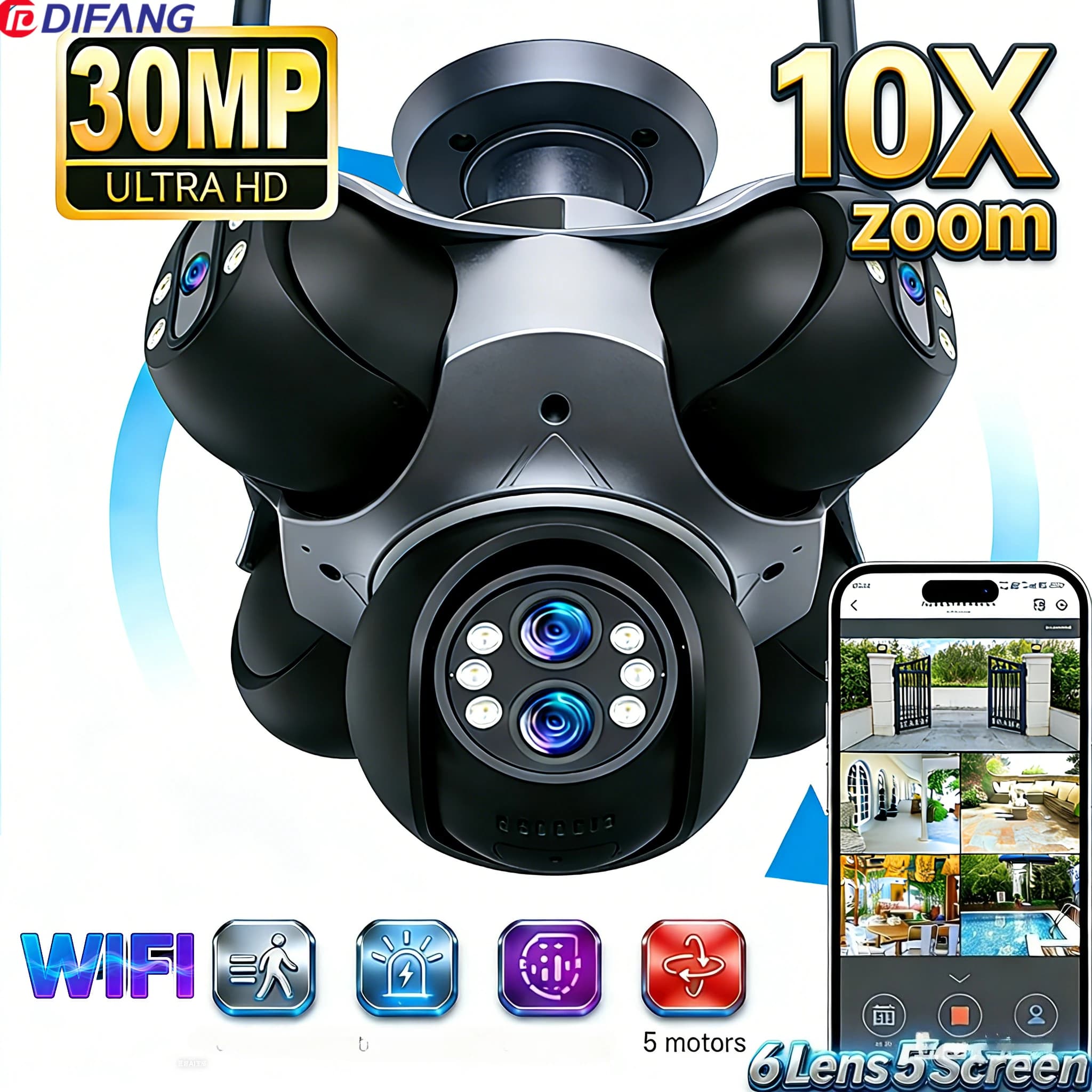 Telecamera di sicurezza WiFi panoramica a 6 obiettivi DIFANG da 30 MP Display a 5 schermi 720 ° Telecamera di sicurezza per telecamera CCTV esterna con zoom 10X