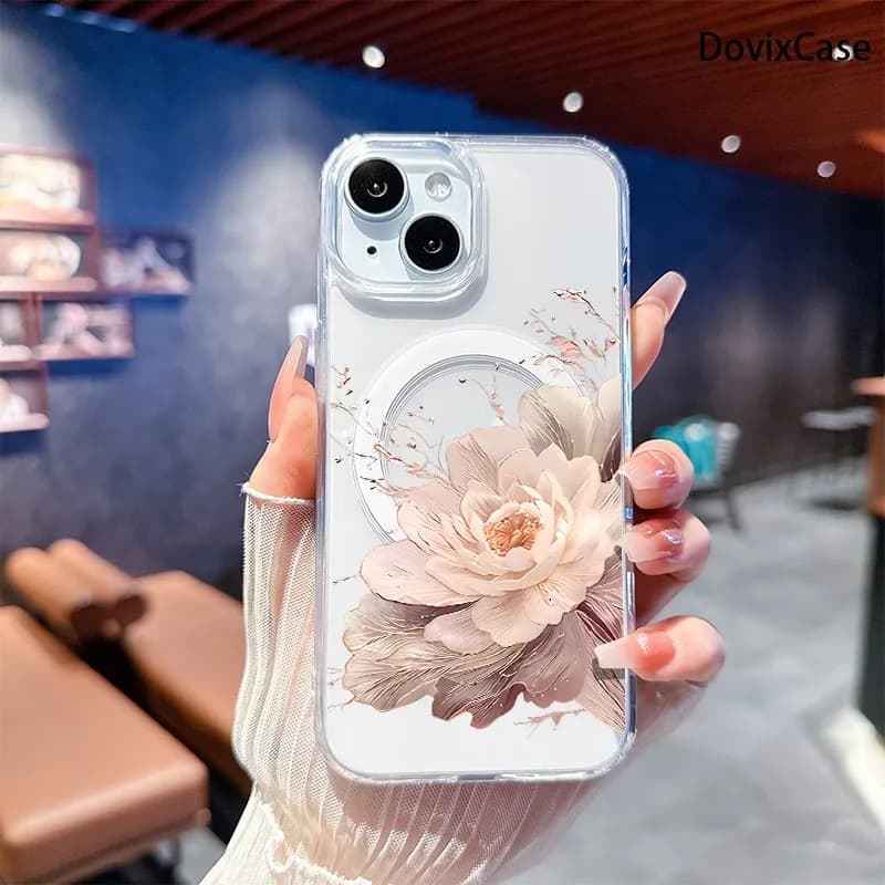 Vintage Peony Pattern Phone Case For iPhone 17 16 15 14 13 12 11 Pro XS Max XR Plus Mini Air 16e 17e MagSafe Magnetic Back Cover