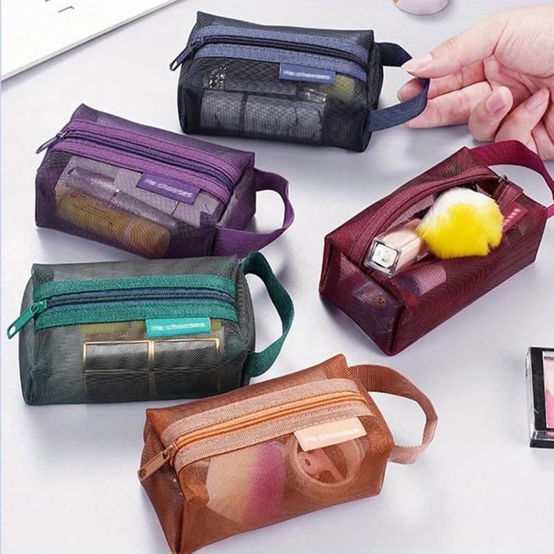 Mini borsa per cosmetici in rete da viaggio Borsa per trucco con cerniera per deposito elettronico per lavare Borsa da toilette Organizzatore per trucco Portaoggetti portatile