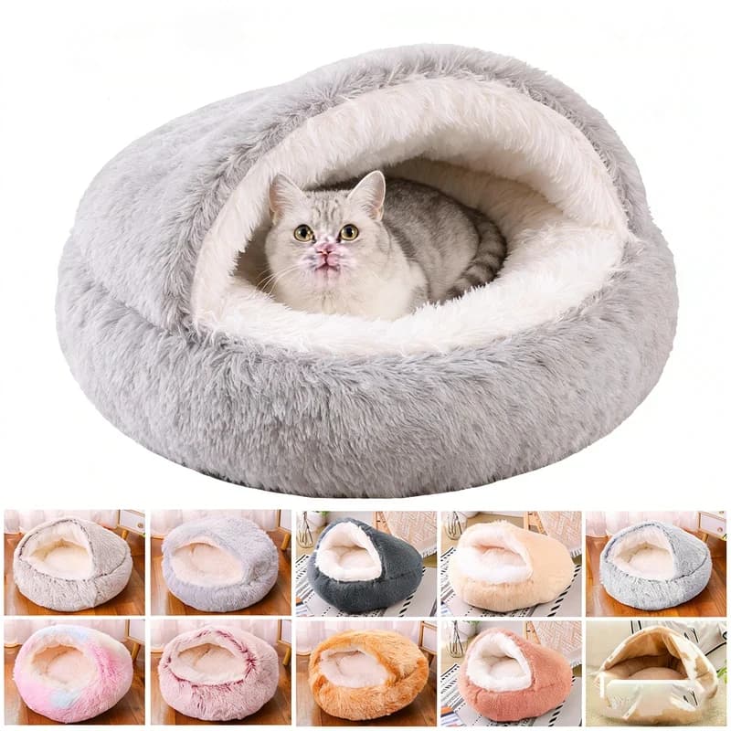Cuccia Invernale 2-in-1 per Gatti, Cuscino Rotondo in Peluche, Sacco a Pelo Semi-Chiuso per Cani e Gatti di Piccola Taglia