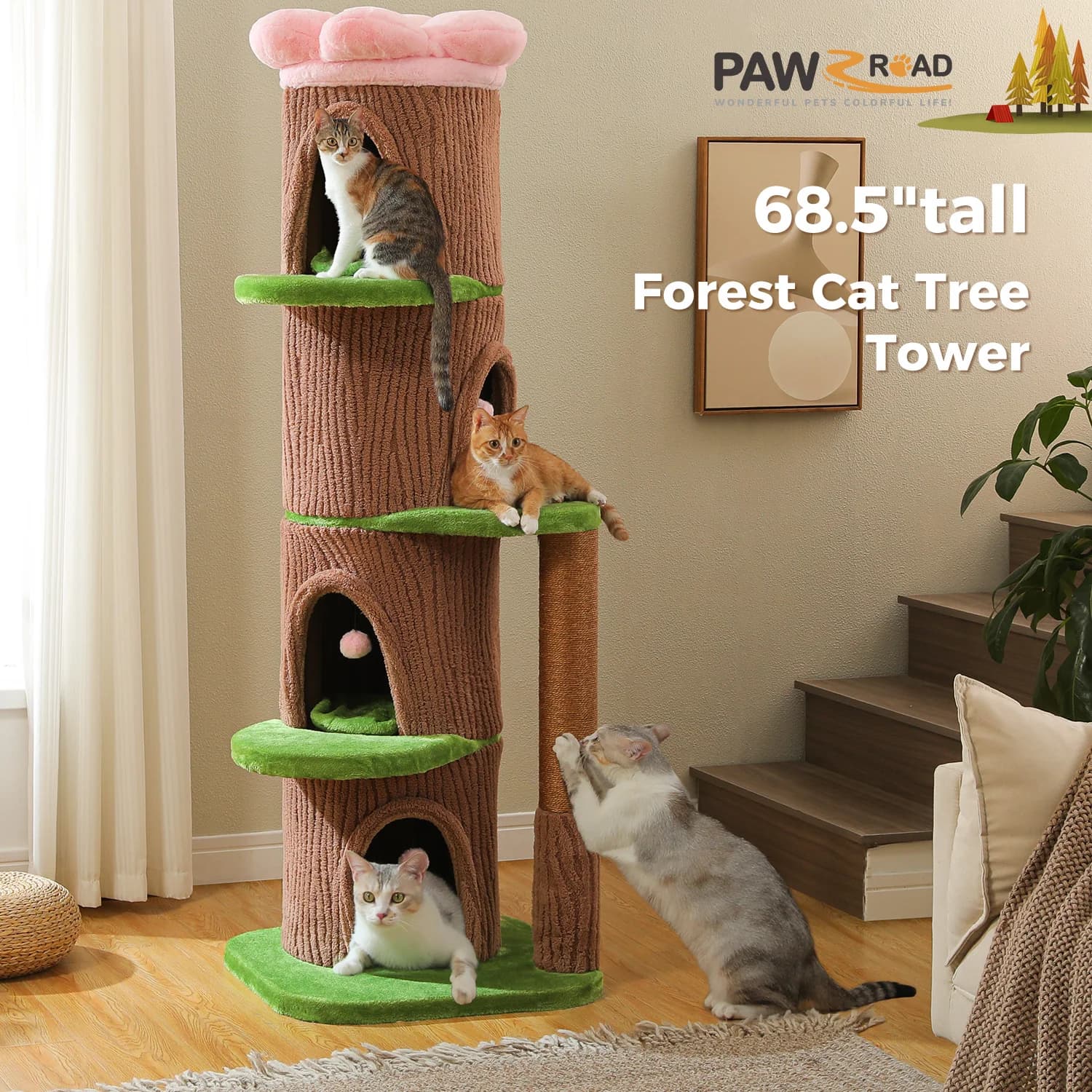 Torre per Gatti Alta a Forma di Foresta con Postazione Superiore a Fiore, Tiragraffi Spesso, 4 Cucce Accoglienti Adatte per Gatti Grandi e Robusti, Giocattoli per Gatti