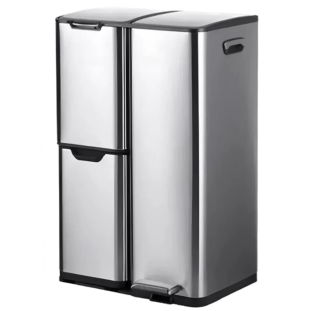 60L Triple Compartment Stainless Steel Recycling Bin with Pedal Press Button on Top Kitchen Trash Bin Recycle Bin