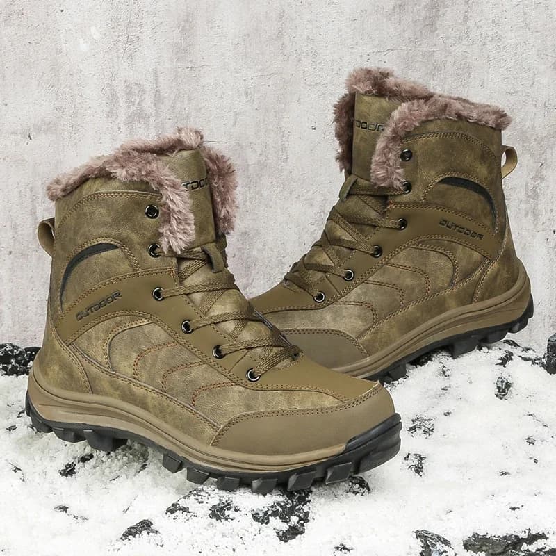 2026 New Leather Hiking Boots Mens Winter Outdoor Warm Fur Non Slip Fashion Ankle Boot Black Hunting Boots Rubber Large Size 48