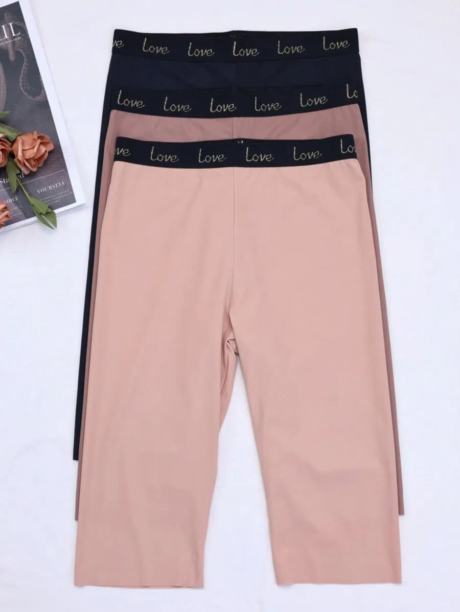 3pcs Women High Waist Elastic Shorts With Letter Waistband Breathable Sport Capris
