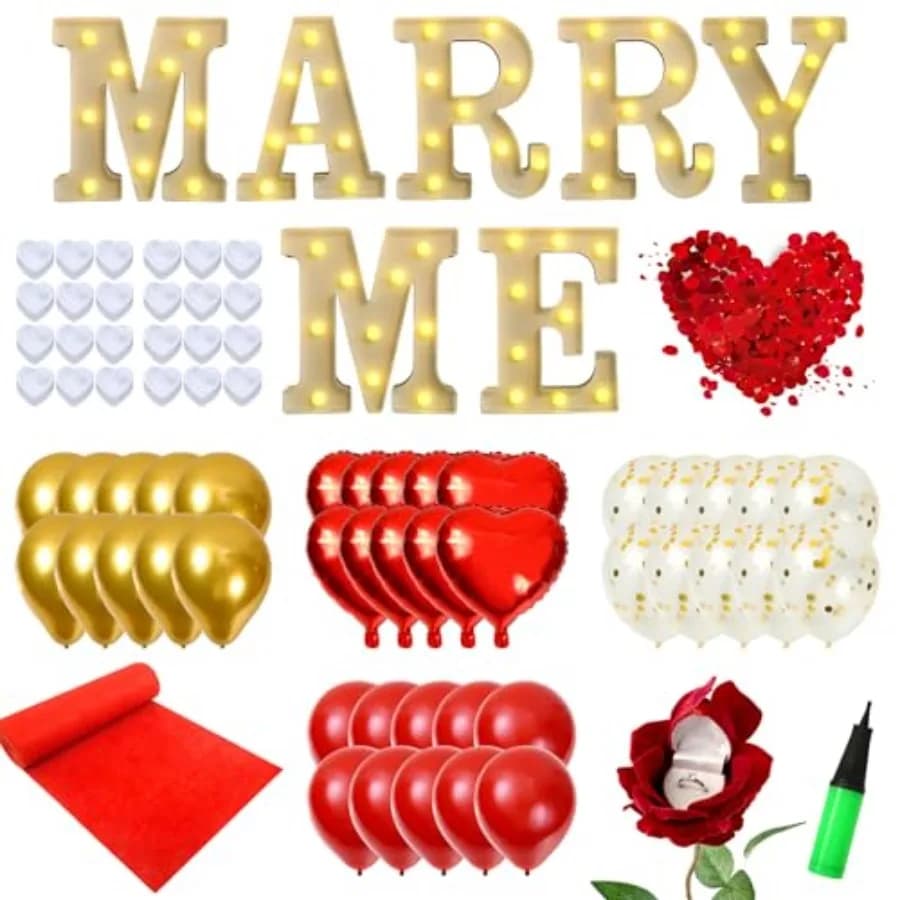 Set Decorazioni per Proposta di Matrimonio - Lettere Luminose 'Sposami' con 24 Candele LED Romantiche, 2000 Pezzi di Petali di Rosa, Tappeto Rosso per Corridoio