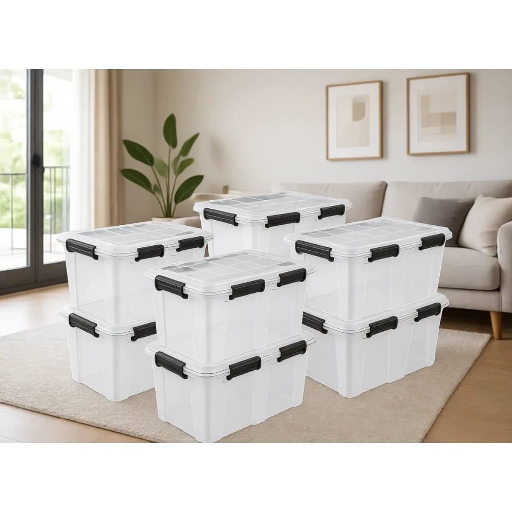 Stackable Plastic Storage Containers with Lids - Large Organizer Boxes for Home and Garage