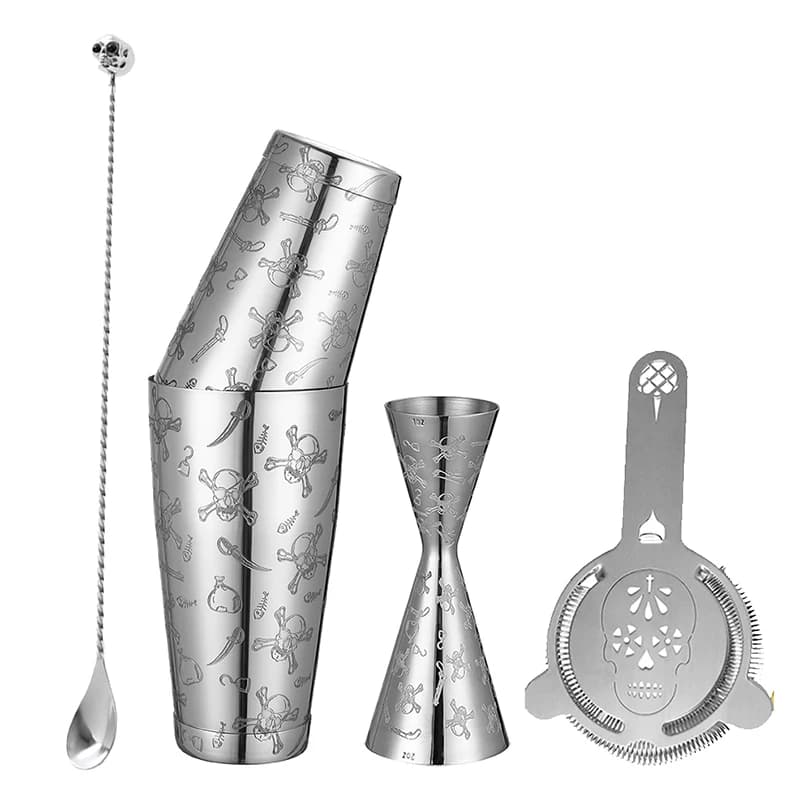 Skull Cocktail Shaker Bar Set:Skull Weighted Boston Shaker, Skull Cocktail Strainer,Skull Jigger,Skull Spoon,