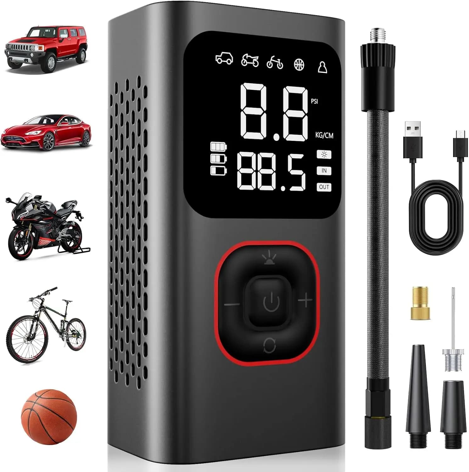 Gonfiatore portatile per pneumatici Pompa ad aria senza fili da 150 PSI con spegnimento automatico, doppio schermo LCD, manometro per auto, motocicli, biciclette
