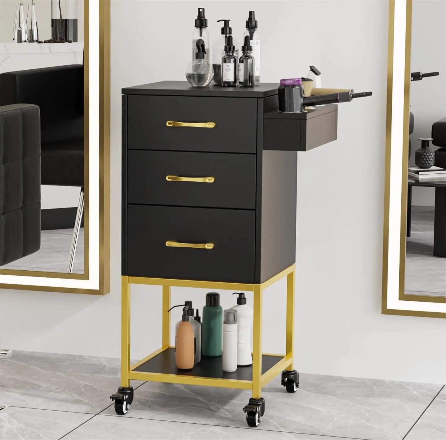Carrello da Salone con Ruote, Postazione per Parrucchiere, Armadietto Portaoggetti con Supporto per Asciugacapelli, Cassetto e Vano Aperto, Personalizzabile