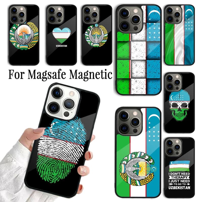 Cover per telefono morbida con bandiera e stemma dell'Uzbekistan per iPhone 17 AIR 16 15 14 13 12 11 Pro Max Plus, custodia magnetica Magsafe