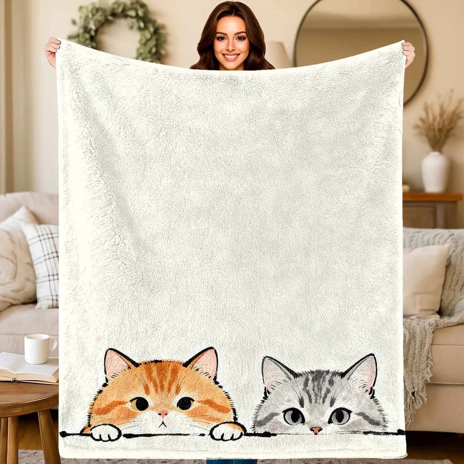 Simpatico tema sensore gatto Coperta stampata in flanella adatta a tutte le stagioni adatta per divano da ufficio e viaggi 180x250 cm