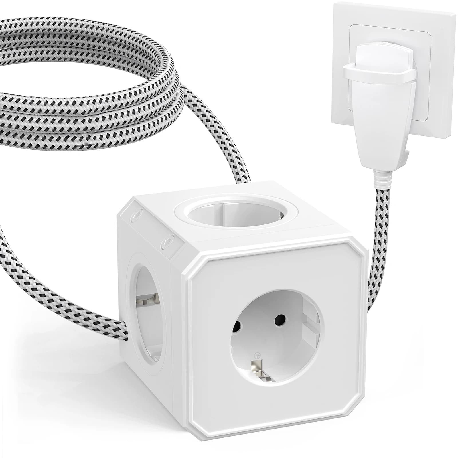 Multipresa UE con spina multipla con cavo intrecciato da 3/2,5 m, 5 prese di corrente CA Prese cubiche Adattatore per presa a muro con spina piatta 4000 W