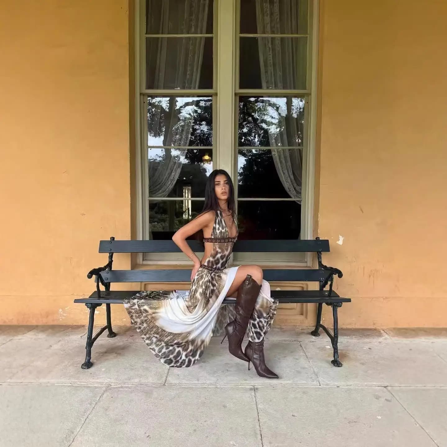 Beach Music Festival Vacation Long Dress Leopard Print Halter Backless Beaded Waist Belt Gradient Skirt Cross Border New Hot ...