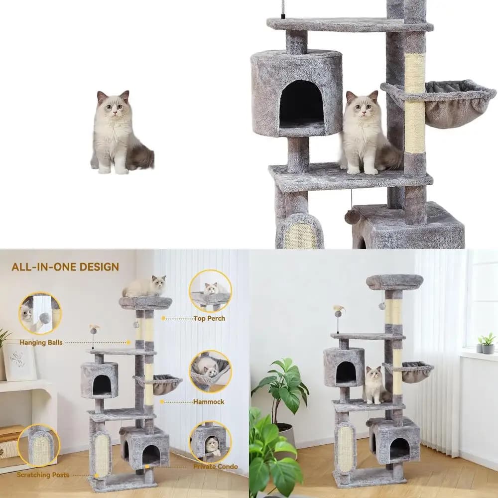 70 Multi-Cat Tower con 2 Condotti, Graffi, Amaca e Persico - Grigio