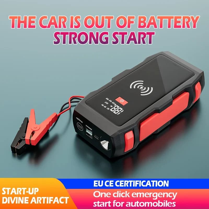Accumulatori e caricabatterie di riserva per avviamento di emergenza per auto da 4000 A con ricarica wireless da 15 W, doppie porte USB e luce LED di emergenza per veicoli 12 V