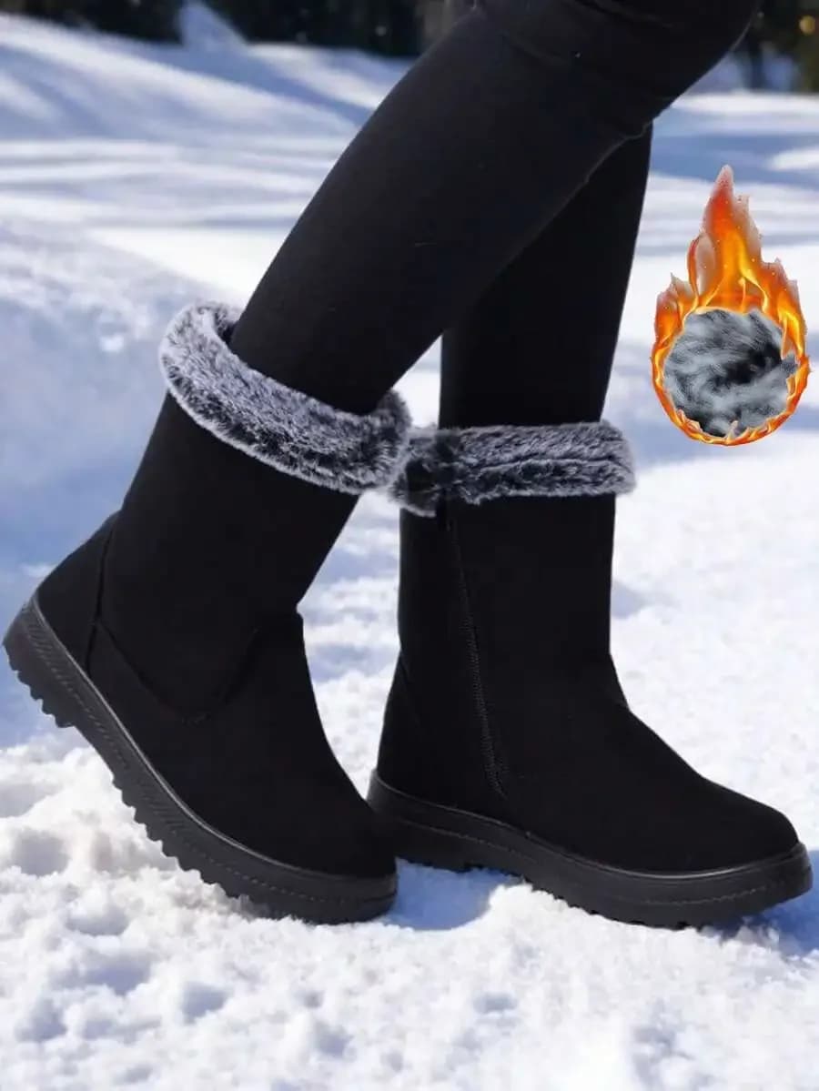 Womens Warm Snow Boots With Faux Fur Lining Flat Round Toe Mid-Calf Winter Boots Size 35-44
