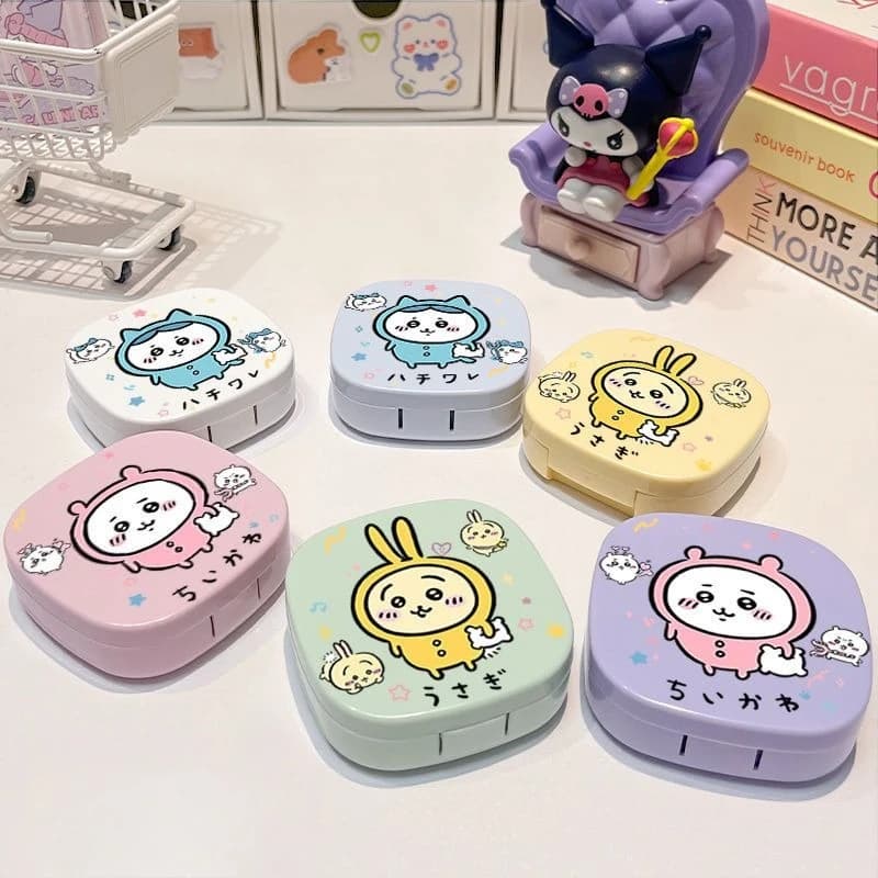 Chikawas Usagi Porta Lenti a Contatto con Stampa Coniglio Carino, Scatola Portatile per Lenti con Pinzette e Flacone per Soluzione