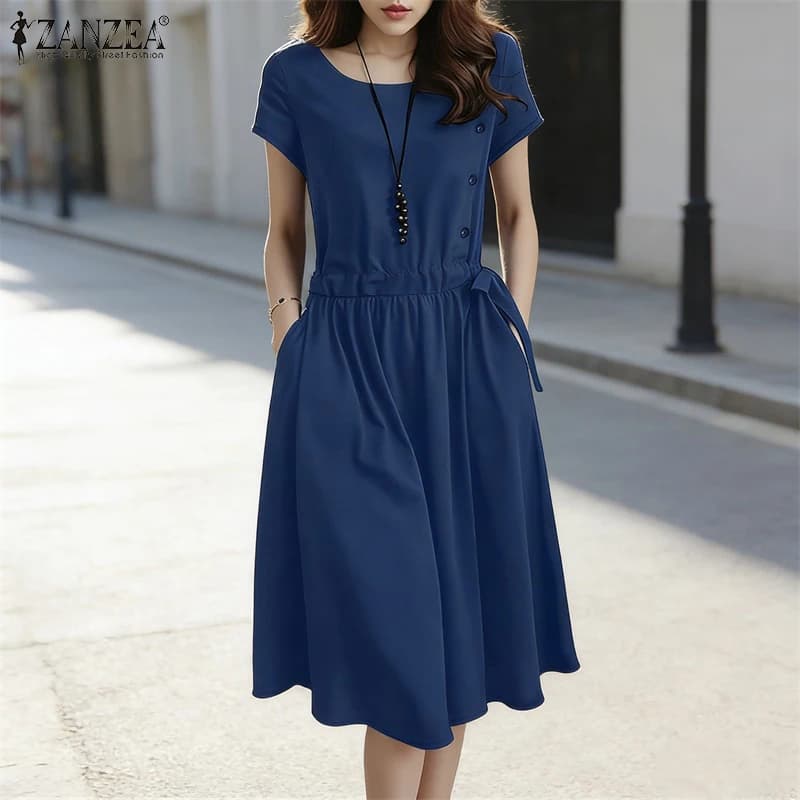 2026 Summer Solid A Line Dress ZANZEA Women Casual O Neck Short Sleeve Sundress Elegant Work Dresses Drawstring Waist Midi Robe