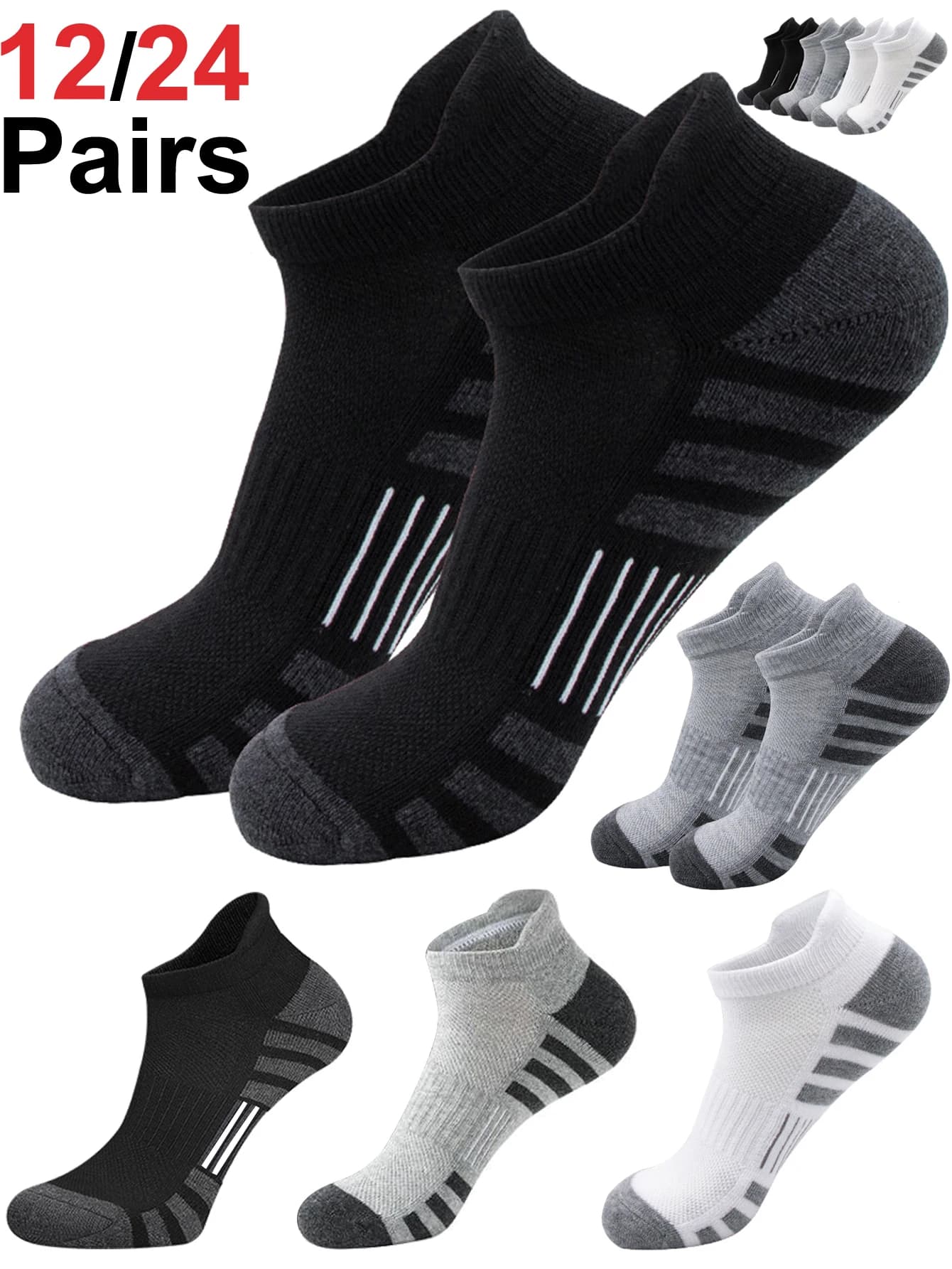 12/24 Paia di Calzini Sportivi Traspiranti e Imbottiti alla Caviglia, Unisex per Uomini e Donne