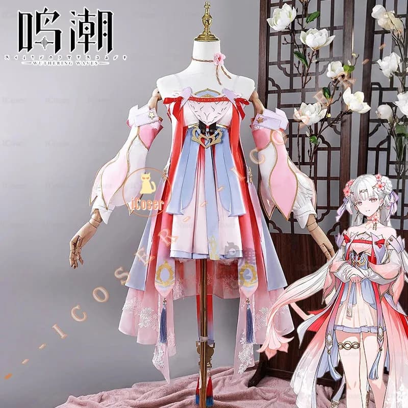 Wuthering Waves Jinhsi Peach Blossom Cosplay Costume Wig Leather Uniform Dress Jinzhou Magistrate Jue Halloween Festival for Womena;6'