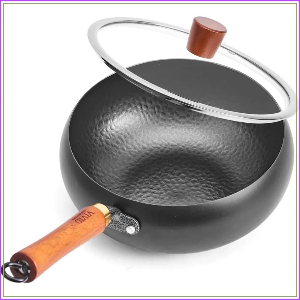 9.4 Inch Carbon Steel Wok with Glass Lid, Big Belly Flat Bottom Stir Fry Pan, Coating-Free, 3.4 QT for 1-3 Servings