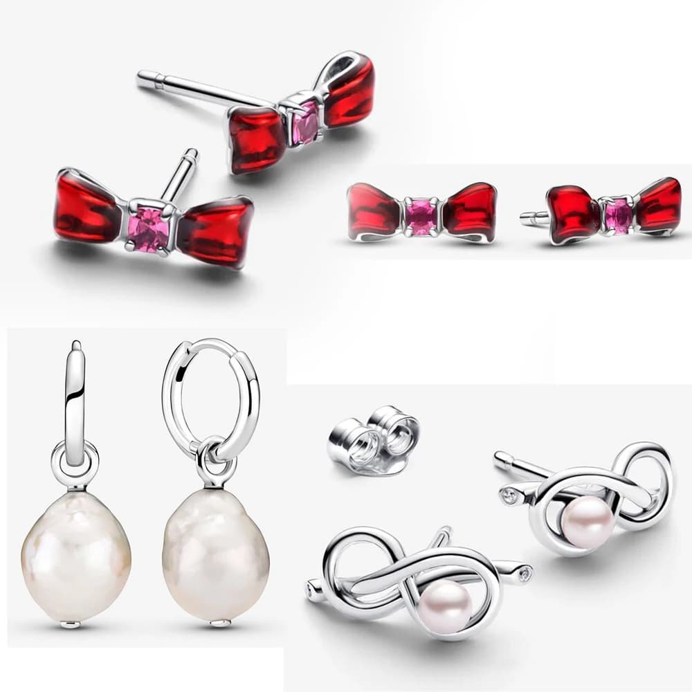 925 Sterling Silver Irregular Natural Freshwater Pearls&Infinity&Red Ribbon Earrings Ladies' Fashion Temperament Jewelry