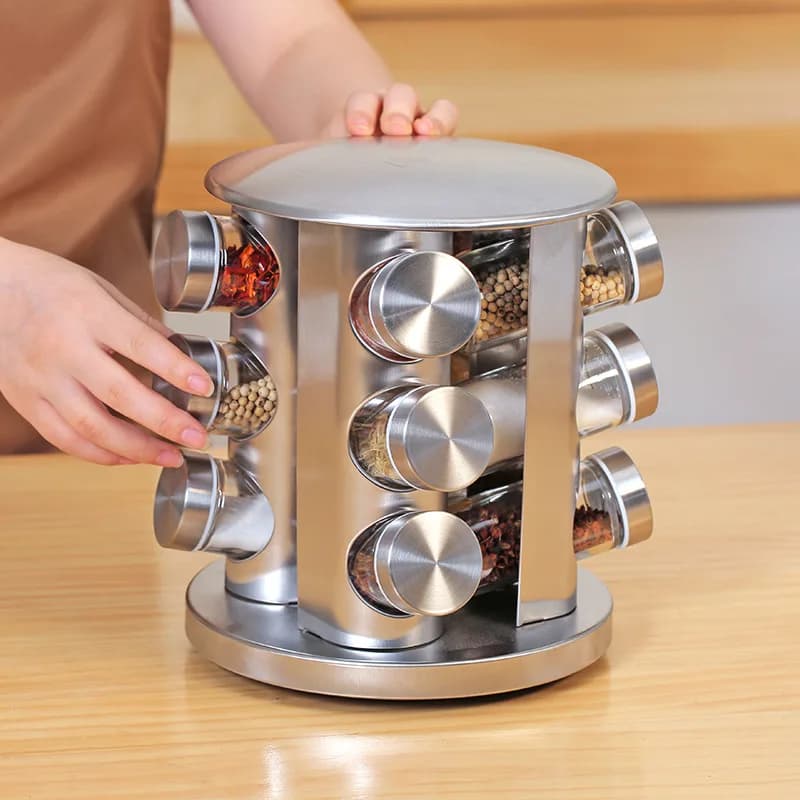 Portaspezie Girevole in Acciaio Inossidabile, Set di Barattoli per Spezie ed Erbe Aromatiche, Utensili da Cucina, Barattoli in Vetro per Condimenti, Scaffale Porta Spezie