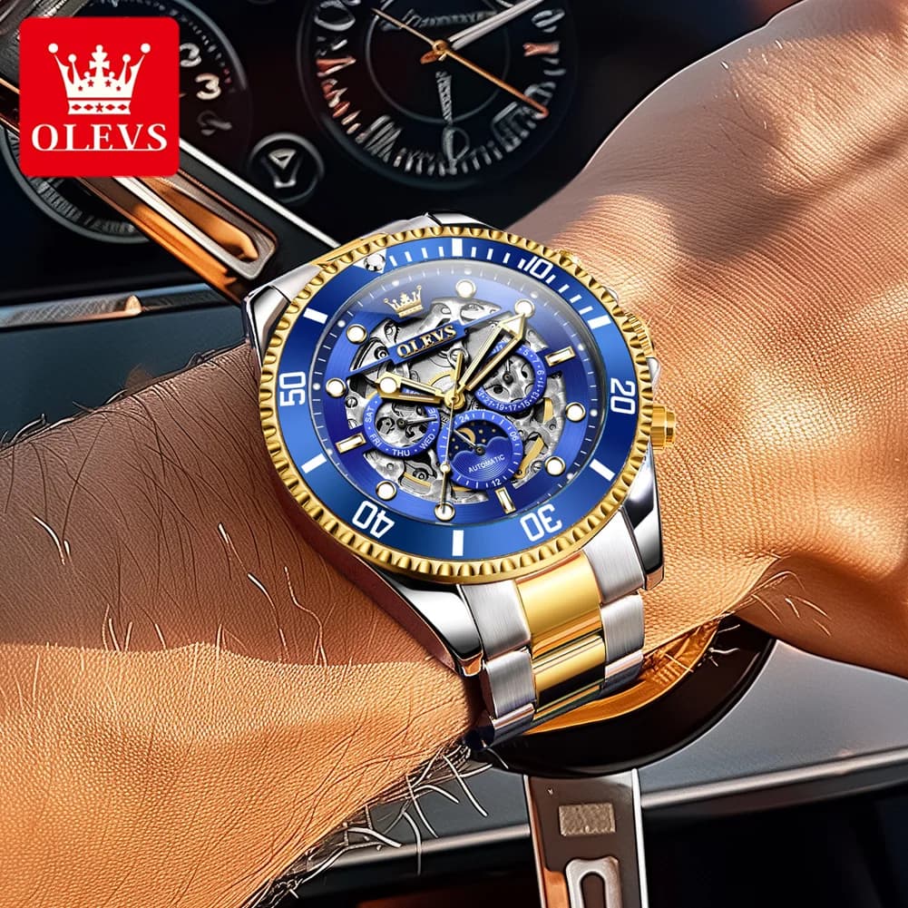 Orologio Meccanico Automatico di Lusso OLEVS, Orologio Scheletrato da Uomo con Data e Giorno, Impermeabile in Acciaio Inossidabile, Orologio da Uomo Business