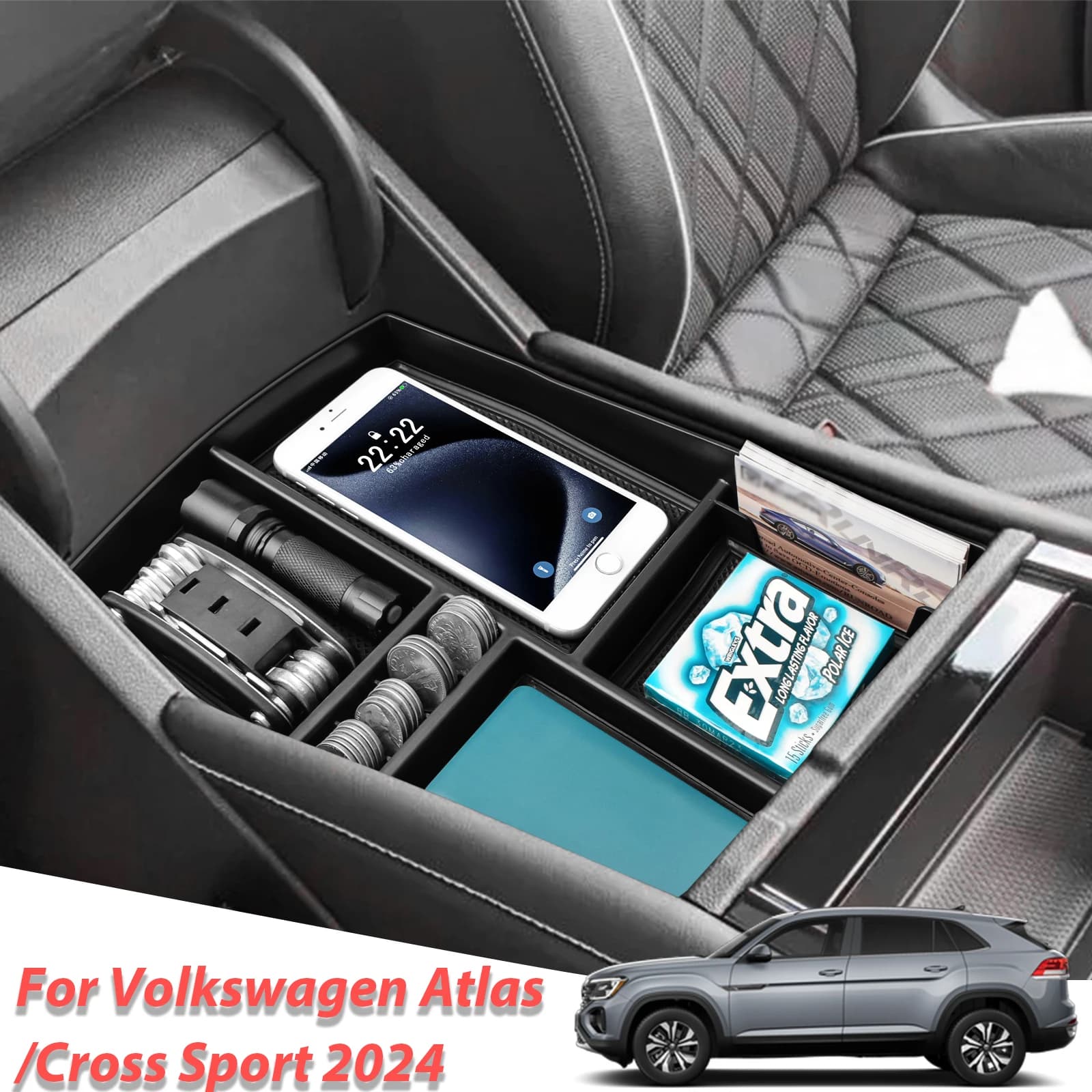 Organizer per Console centrale per Volkswagen Atlas/Cross Sport 2024 bracciolo Box Storage Center Console vassoio accessori in ABS scatola per auto