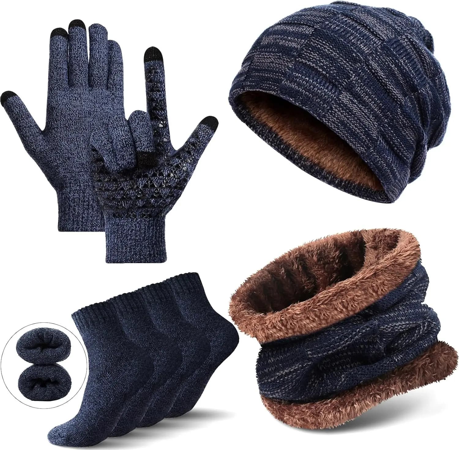 Set Invernale di Cappello, Sciarpa, Calzini e Guanti con Funzione Touchscreen, Foderato in Pile per Uomo e Donna