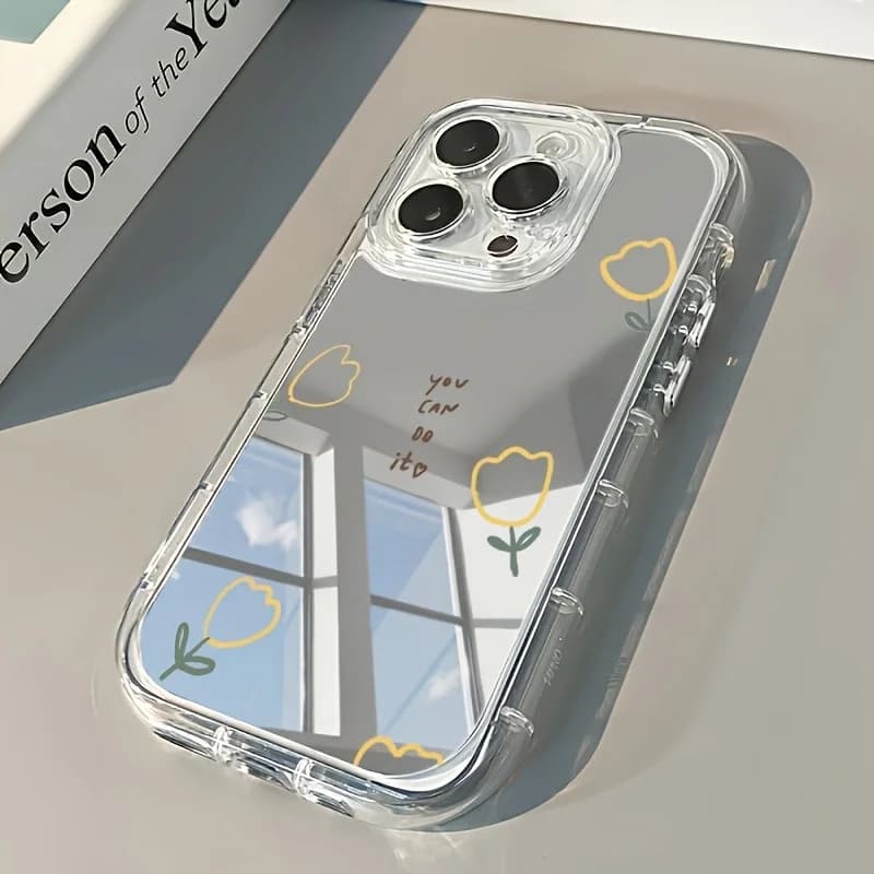 Simple Creamy Floral Mirror Phone Case For iPhone 17 16 15 14 13 12 11 Pro Max XR X XS 7 16 Plus Make Up Shockproof Soft Cover