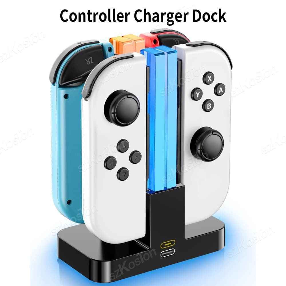 Dock caricabatterie per controller compatibile con Nintendo Switch Joy Con con supporto per stazione di ricarica con indicazione LED per lampione per 4 Joycon