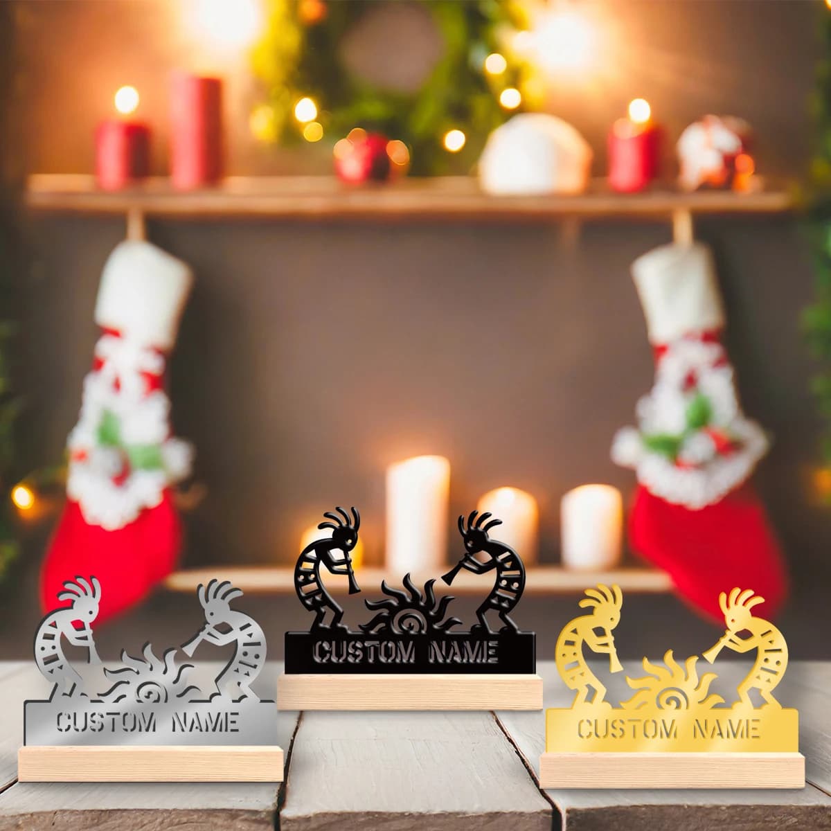 1pc Fashionable Personalized Desktop Ornament, Custom Content, Metal Art Decoration with Wooden Base, Halloween, Christmas