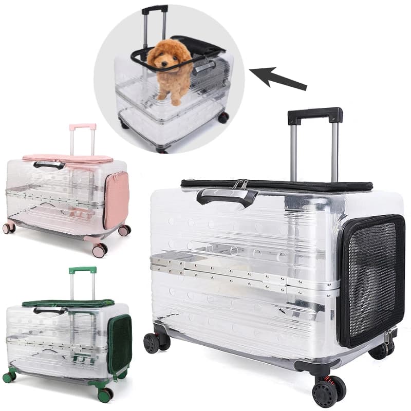 Valigia trasparente per animali domestici da 1 pezzo con ruote per passeggino da viaggio con imbottitura e maniglia per gatti, cani e cuccioli