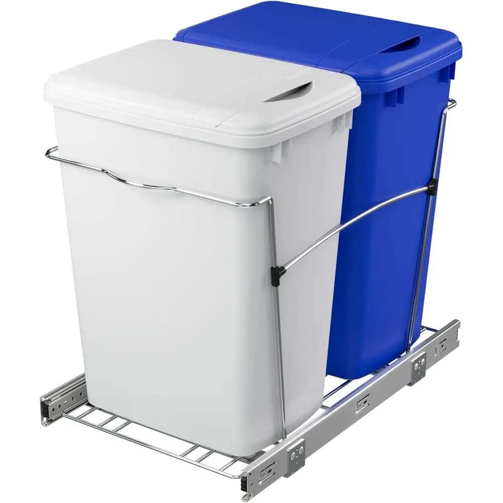 RV-18KD-11RC-S Pattumiera a doppia estrazione per armadi da cucina Bidone per il riciclaggio dei rifiuti da 35 Qt su scivolo a estensione totale, Blu/Bianco