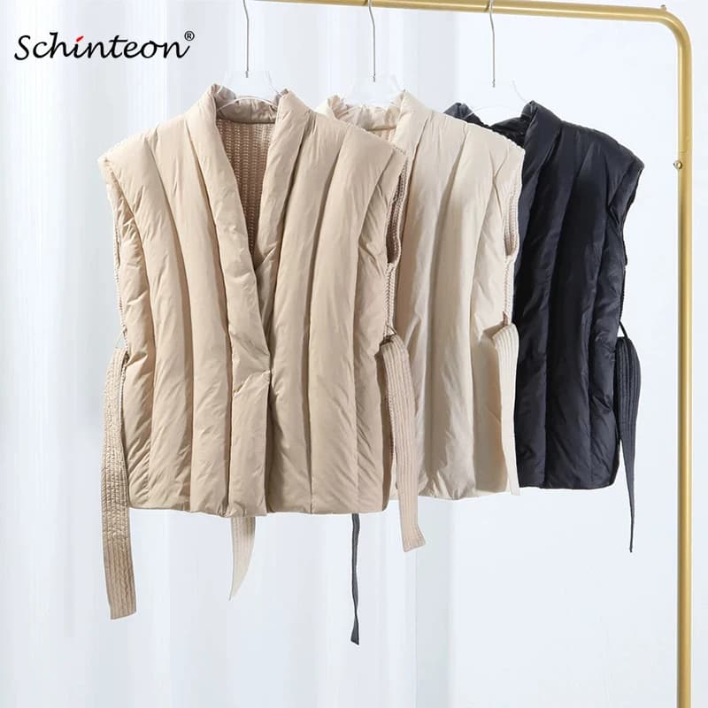 Schinteon Gilet di lana lavorato a maglia in piuma d'anatra bianca da donna Autunno Inverno Giacca calda senza maniche Stile coreano Top di lusso 2025 Nuovo