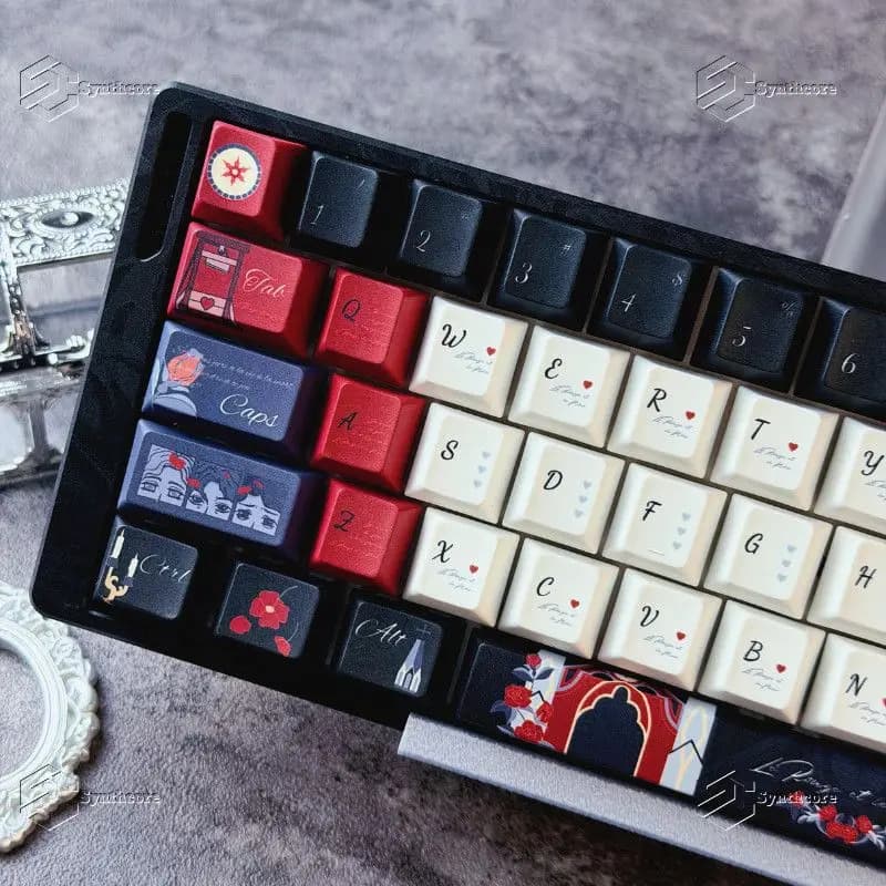 Red and Black Retro Rose Keycaps Cherry Profile PBT Keycaps 130key Dye‑Sub Custom Set for MX Switch Mechanical Keyboard Keycaps