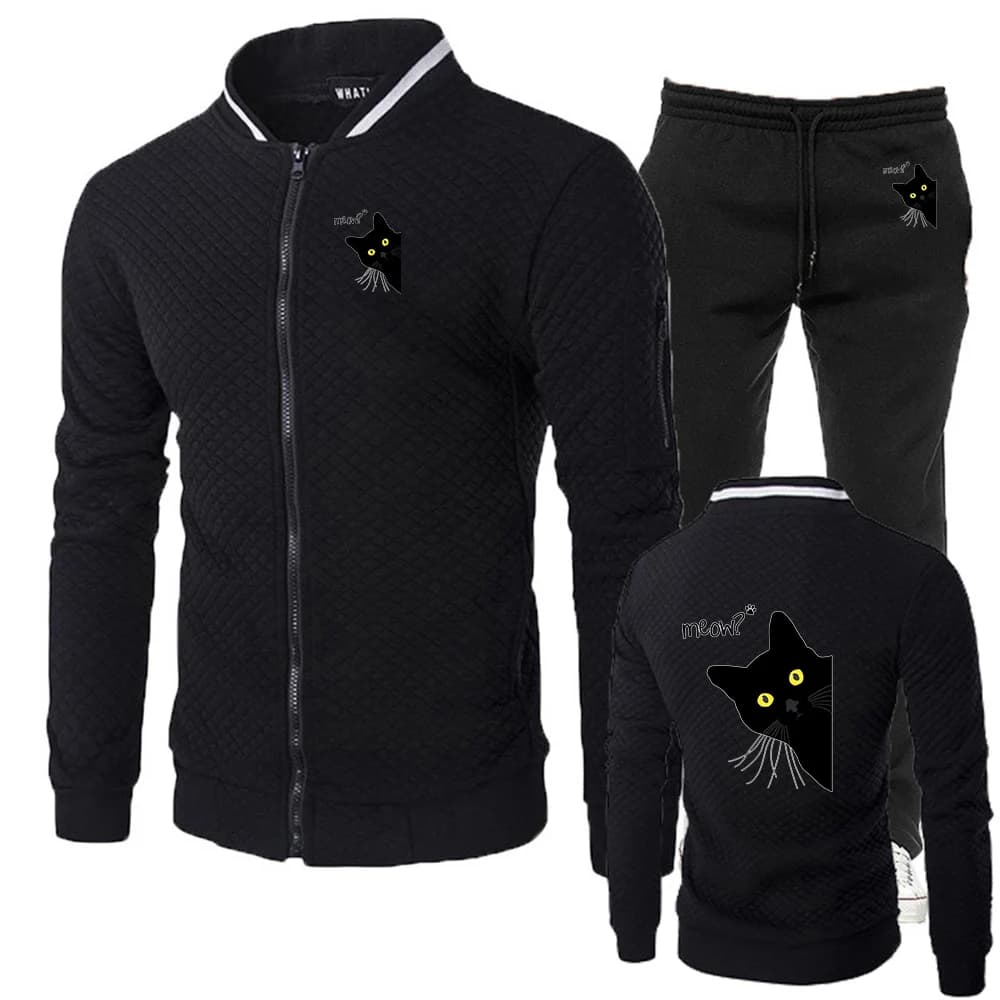 Complete with Spring and Autumn Man with Funny Logo Cat Black 2026, Slim fit, Comfortable, Crew neck, with Hinge, Sweatshirt and Pants