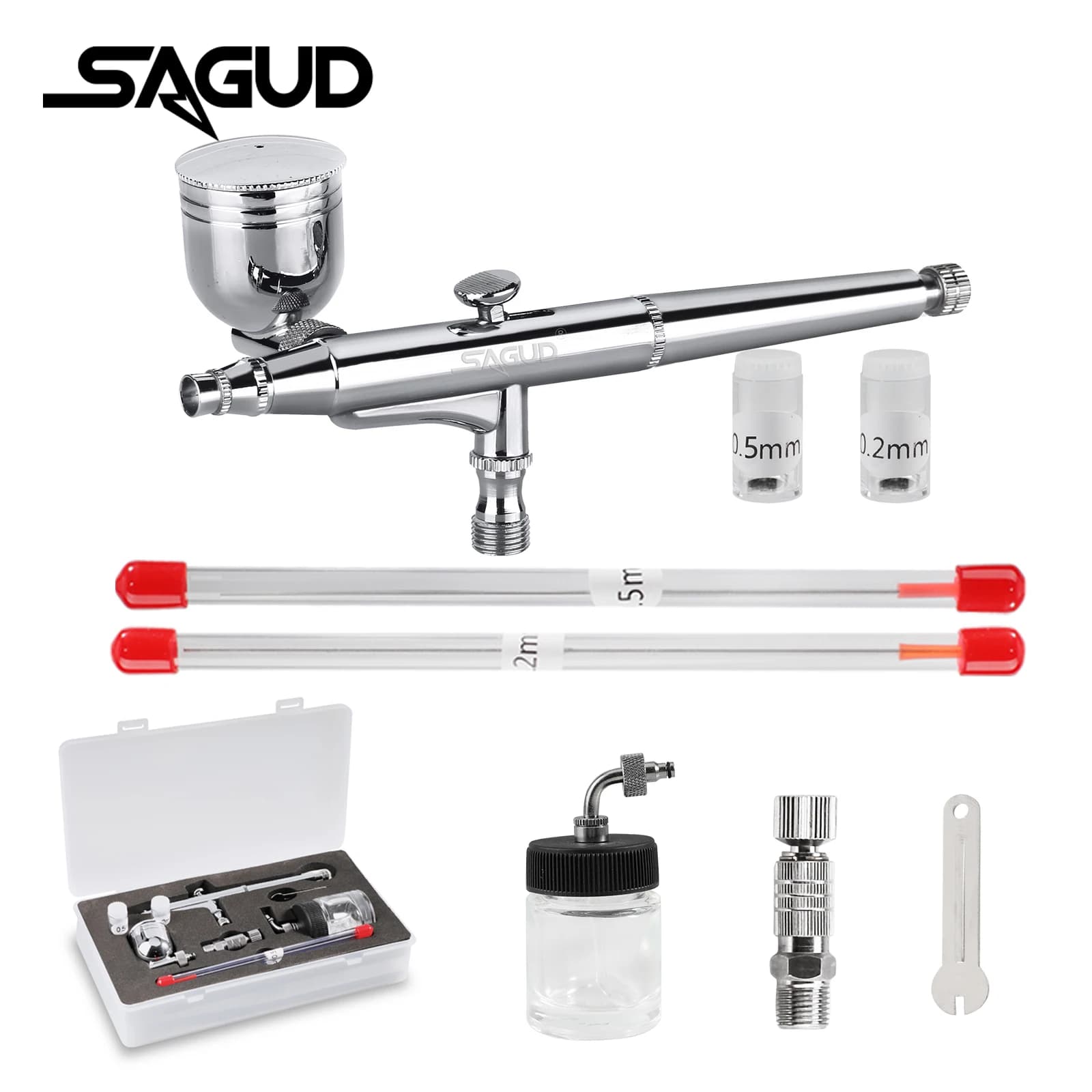 Aerografo Set Dual-Action Side Bowl Feed aerografo con 0.2 ugelli ago e vernice bottiglia di vetro per Nail Art Cake Hobby Air Brush