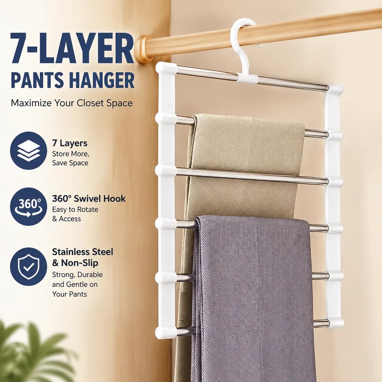 7 Layers Stainless Steel Pants Hanger Space Saving Closet Organizer Non-Slip 360 Swivel Hook Trousers Rack Wardrobe Storage