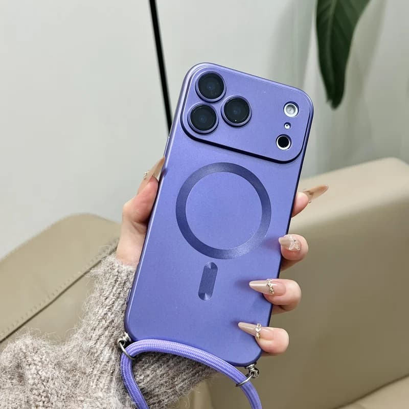 Custodia Protettiva Magnetica Opaca di Lusso con Vernice Metallizzata e Laccetto per iPhone 17 16 15 14 13 12 11 Pro Max Air Antiurto