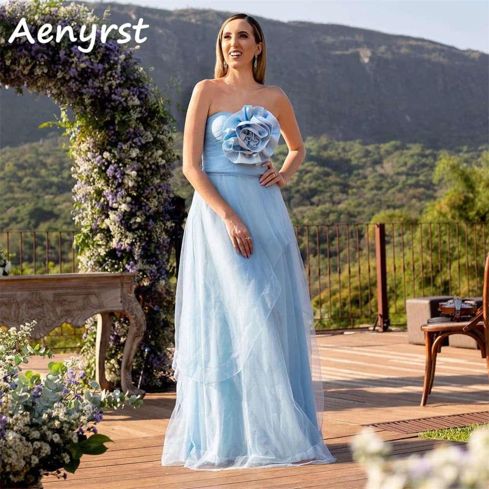 Aenyrst cielo blu senza spalline fiori una linea abiti da ballo tulle a strati abiti da festa di compleanno abito da sera lungo fino al pavimento realizzato su misura