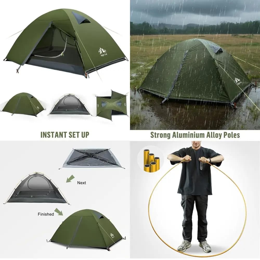Light and waterproof trekking tent for 2 people with aluminum poles and green raincoat for outdoor adventures