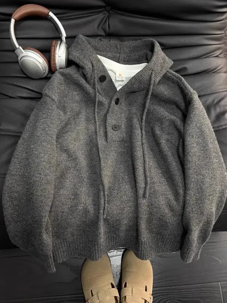American Sle Heavyweight k ey f Open V-Ne Felpa con cappuccio da uomo Autunno Inverno Design con bottoni Cappotto maglione lavorato a maglia pigro