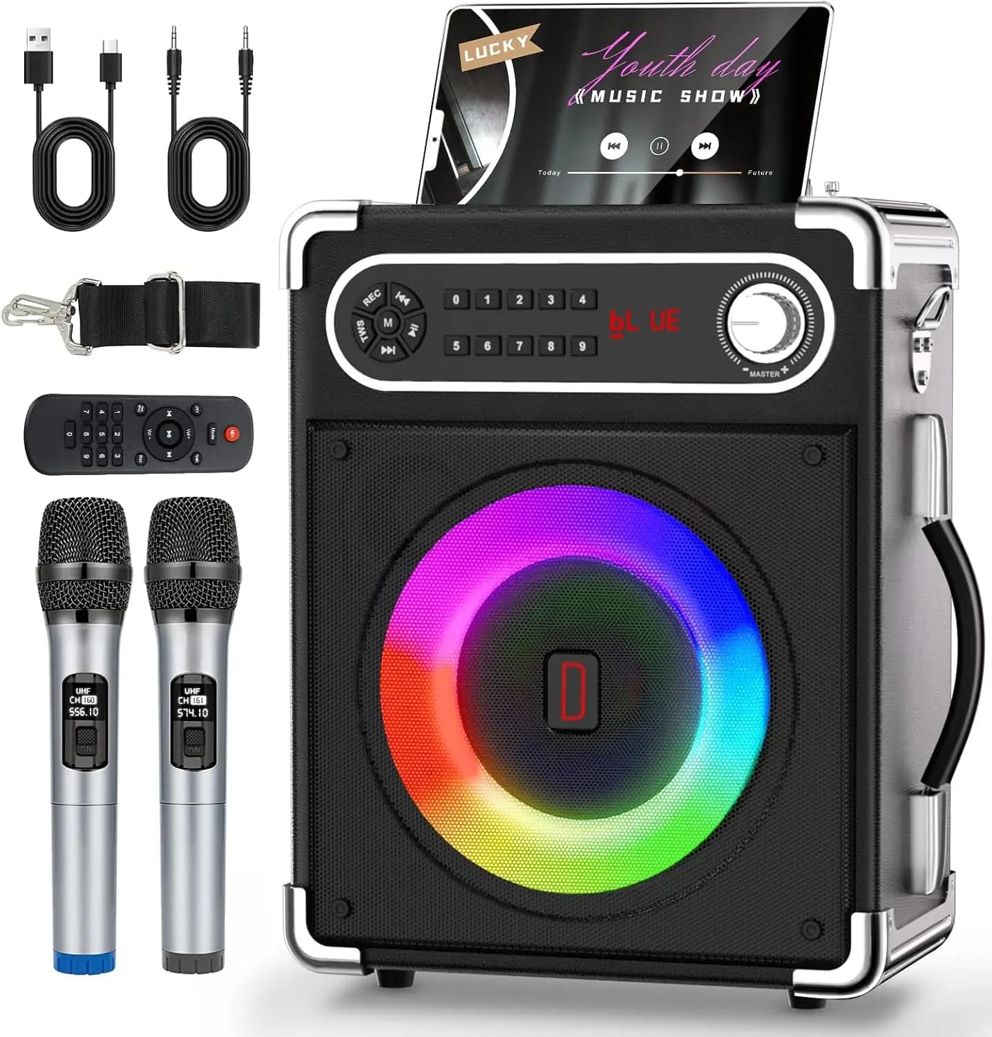 Macchina per Karaoke Portatile con Bluetooth, 2 Microfoni Wireless, Luci LED, USB/TF/FM/AUX/TWS per Feste in Casa