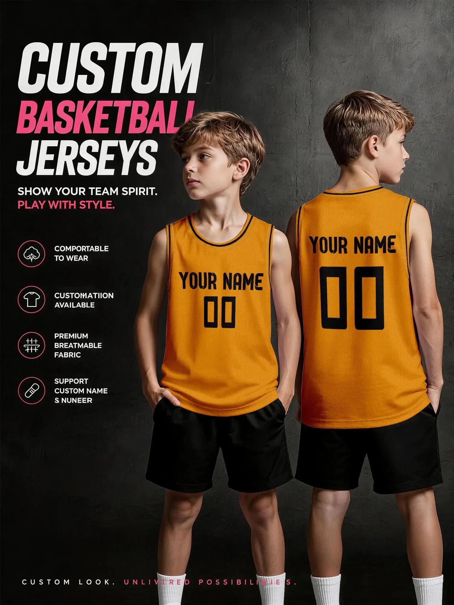 Orange Black Trim Custom Basketball Jersey Set, Adults Kids Name Number Print Quick‑Dry Uniform