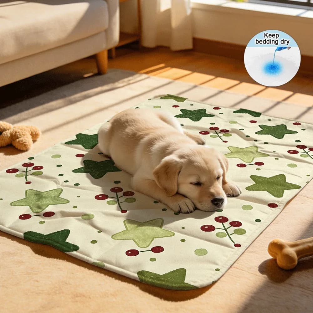 Cute Christmas star and berry pattern Machine Washable Reusable Pet Mats Quick Absorb for Fast Drying