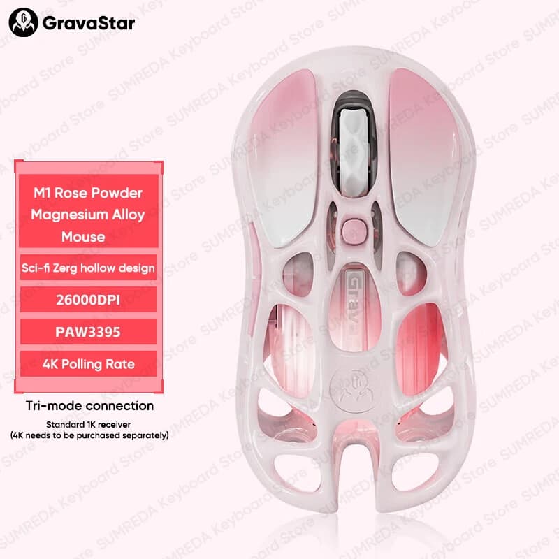 Gravastar Rose Powder M1 Mouse da gioco wireless Lega di magnesio Hollow PAW3395 BT 2.4G Wired Esports FPS Gamer Mouse Regali femminili