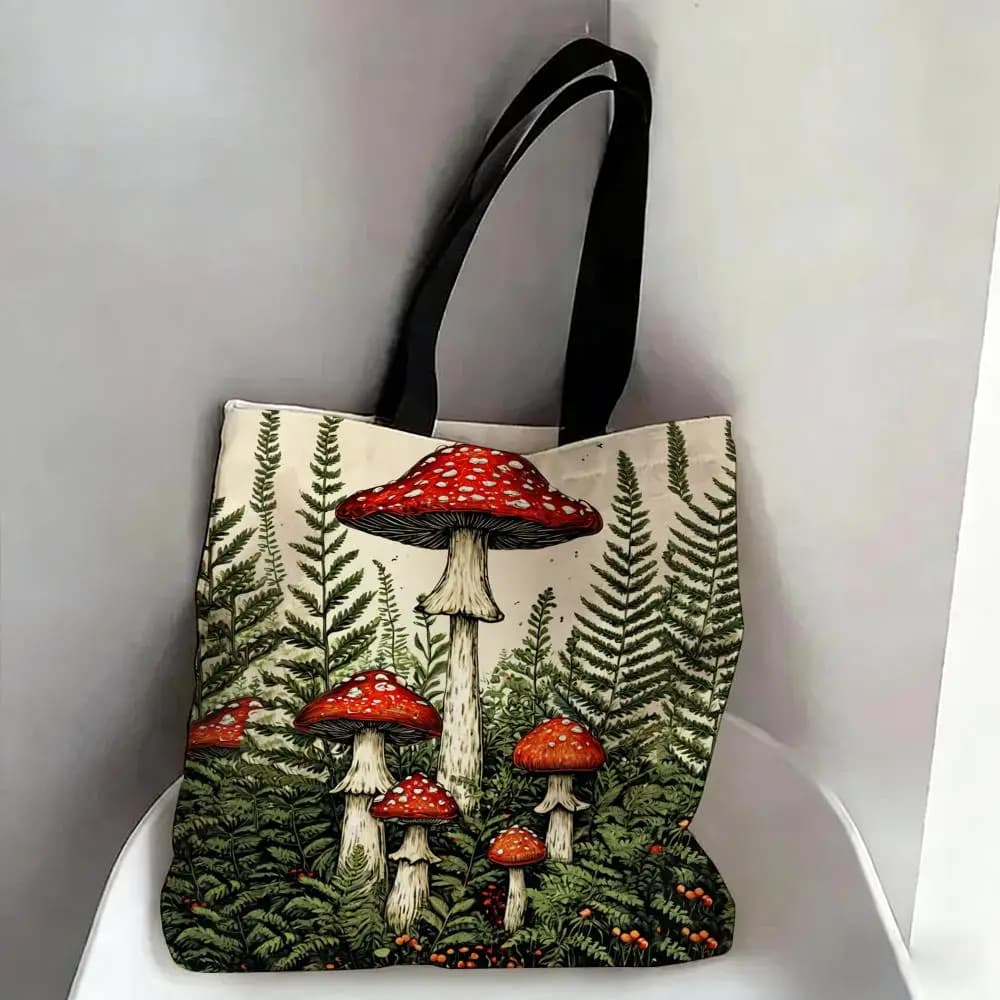 Mushroom Pattern Storage Bags Canvas Double-Sided Print Fashion Shoulder Tote Shopping Bag Gift Eco Handbags